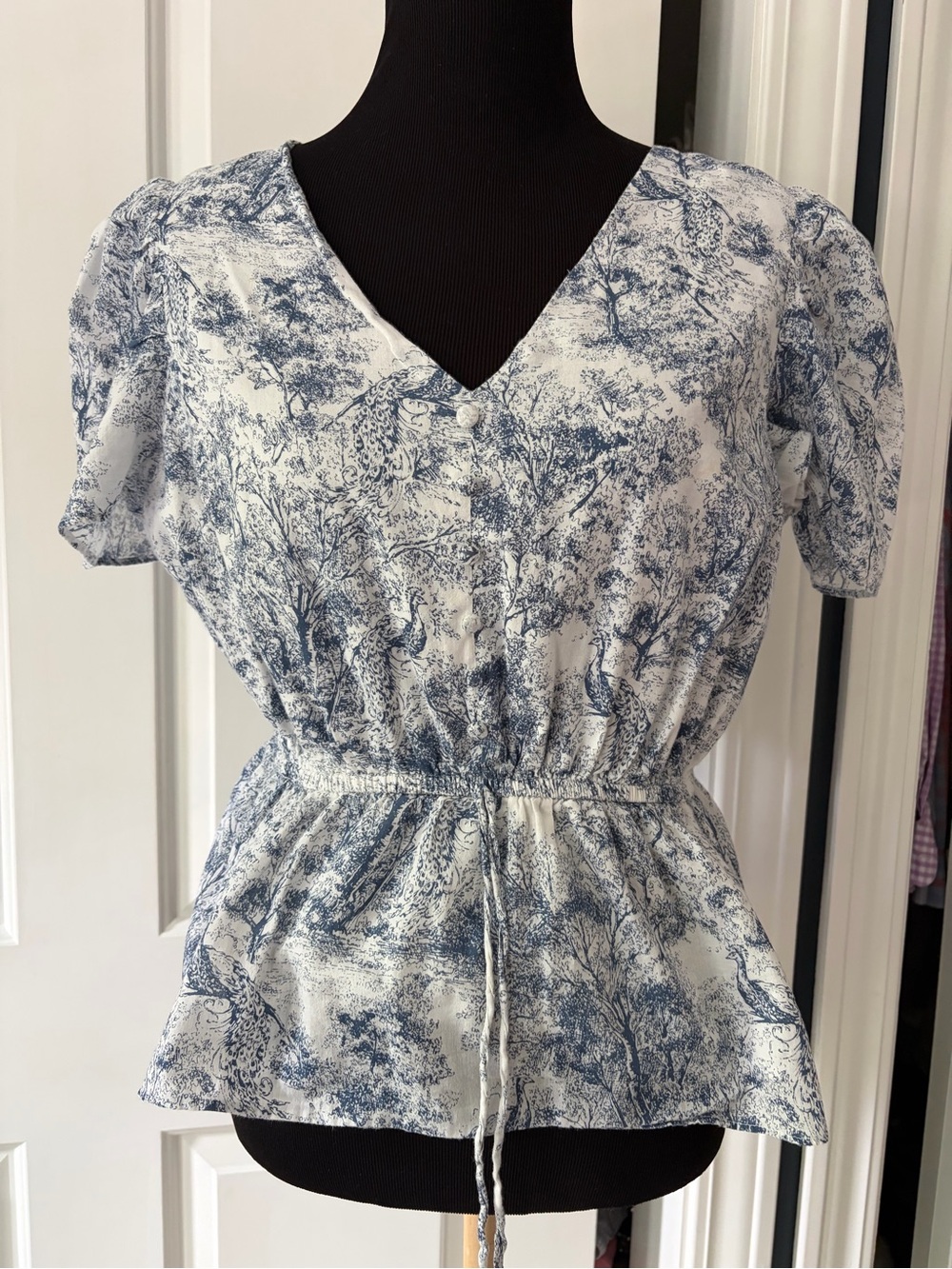 1. State Blue and White Toile V-Neck Drawstring Peplum Top